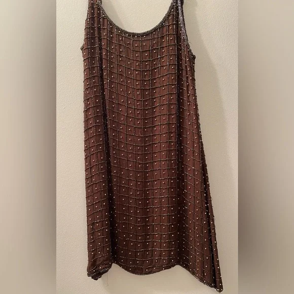 Vintage Brown Beaded Mini Dress​ Sz Med